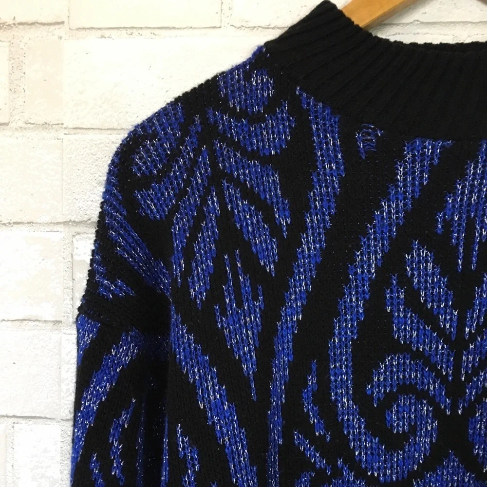 Vintage 80s 70s Blue Sparkle Glitter Patterned Mock Neck Sweater Top